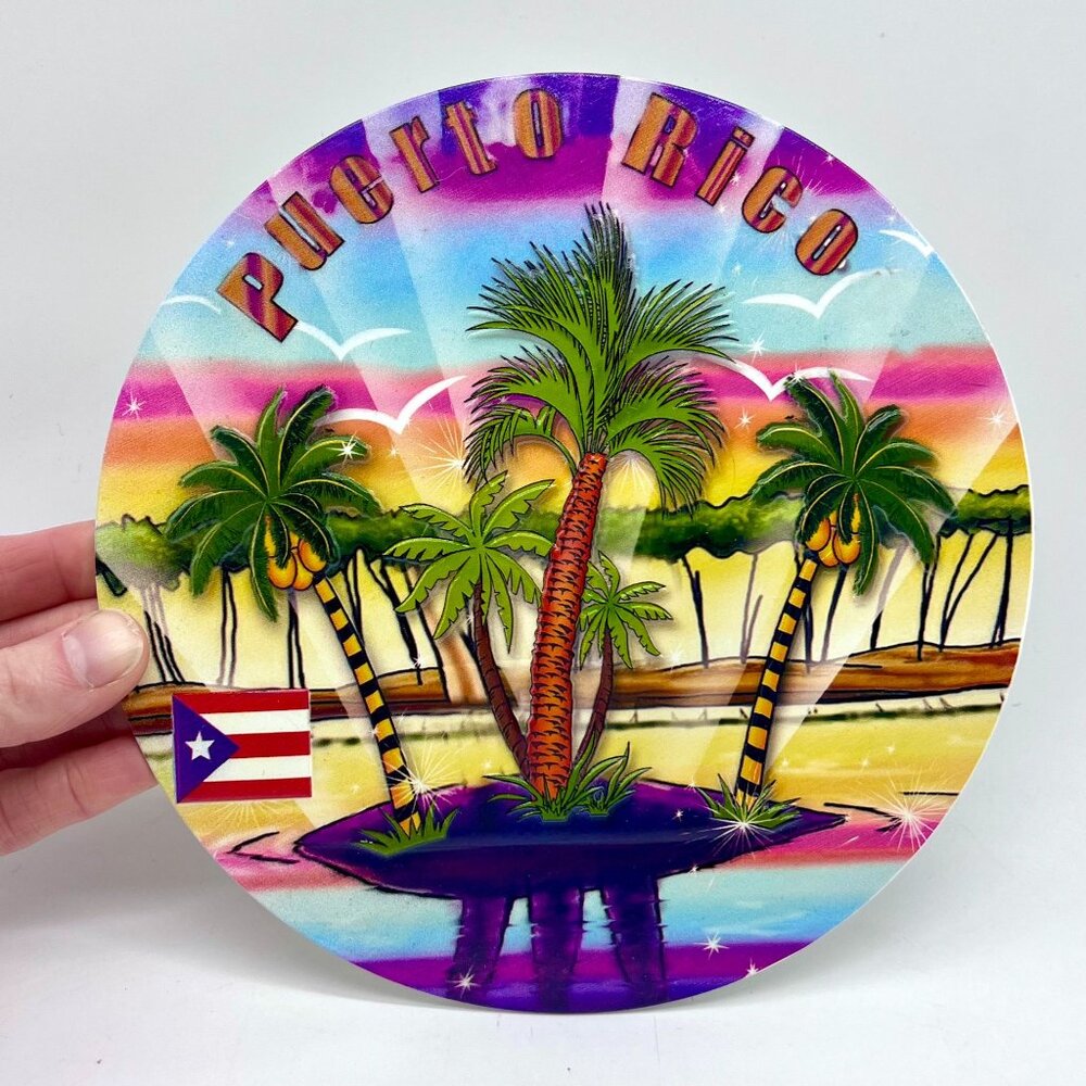 Puerto Rico Wall Art Plaque Tropical Island Palm Tree Decor Round 7.6”